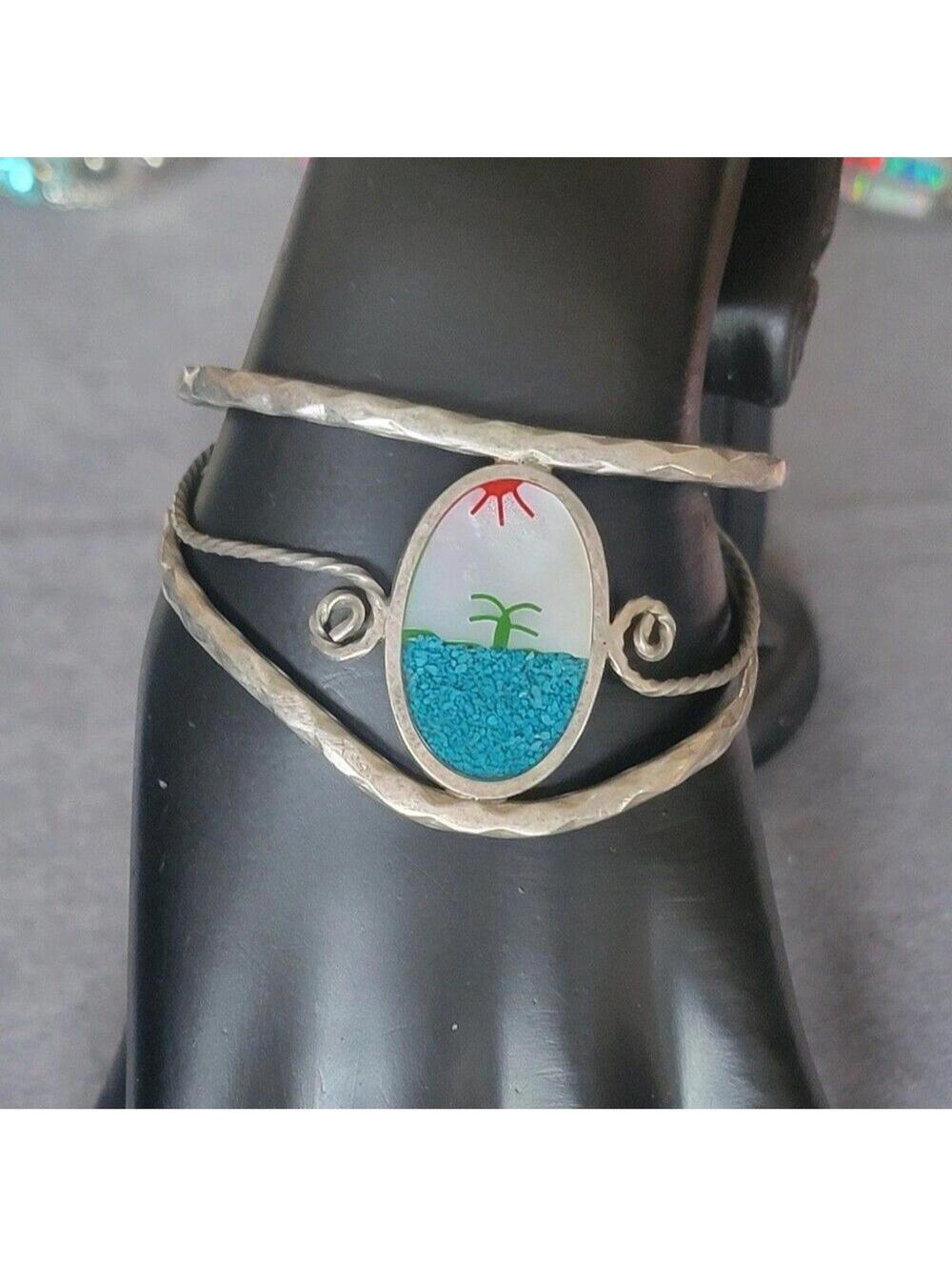 Vintage Alpaca Silver Mexico Sunset Inlay Cuff Bracelet